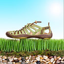 styled photograph of Jambu hiking shoe with grass and stones